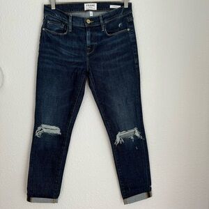 Frame Denim Le Garcon dark wash distressed boyfriend ankle jeans size 27